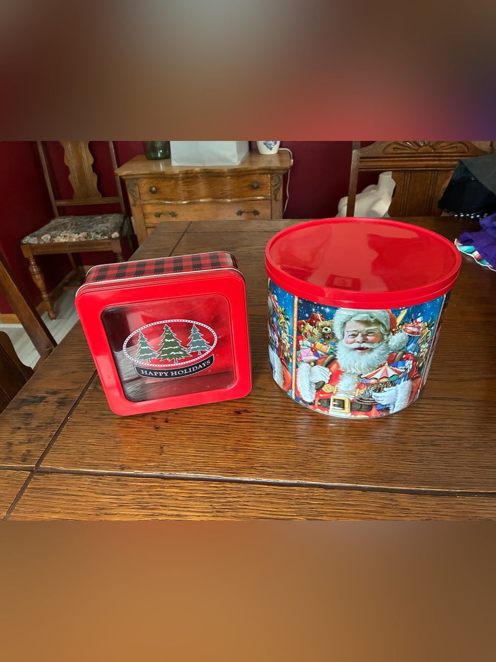 Festive Red Santa and Tree Holiday Tin Set